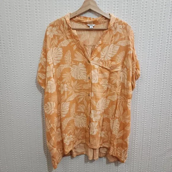 Sonoma Tropical Floral Button Front Blouse Orange Cream Plus Size 3X Rayon - Picture 3 of 12